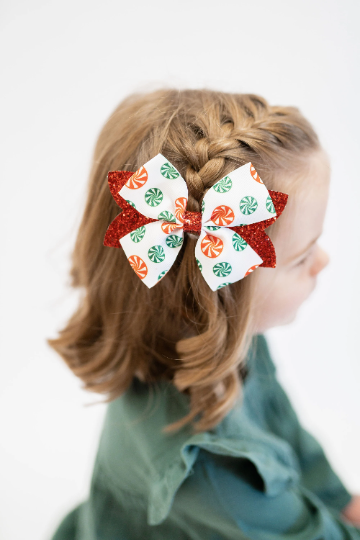 5" Peppermint Holiday Candy Glitter and Grosgrain Hair Bow