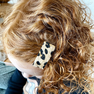 Girl Wearing Leopard Faux Leather Petite Snap Hair Clips - Golden Dot Lane