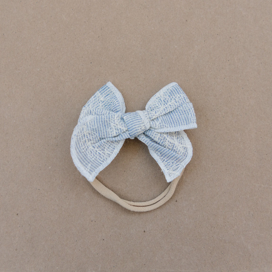 French Blue Embroidered White Floral 3" Cotton Hair Bow