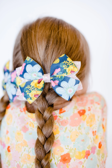 5" Blue Spring Flowers Glitter and Grosgrain Hair Bow