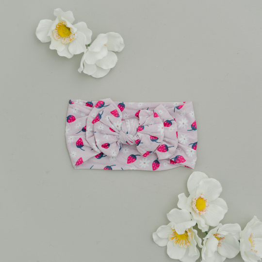Double Bow Strawberries And Daises Nylon Headband