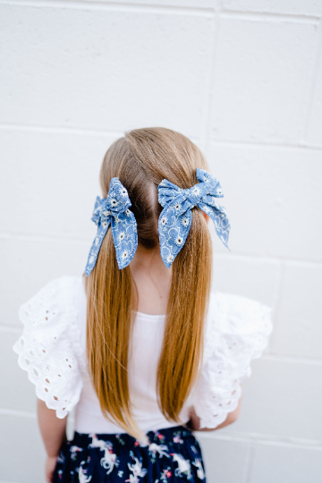 5" Embroidered Retro Floral Denim Bow Hair Clips