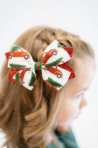 5" Merry Christmas Trucks and Trees Glitter and Grosgrain Hair Bow