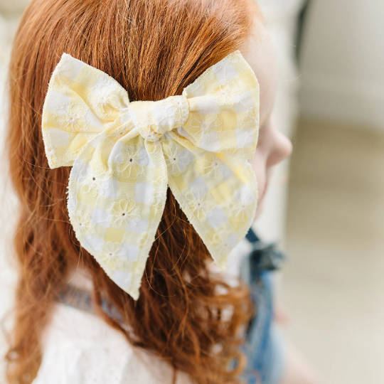 Large Gingham Embroidered Daisy Linen Hair Bow