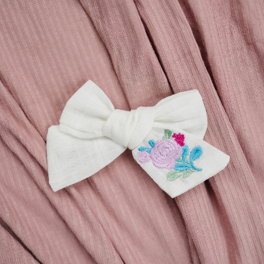 Small Bright Colorful Embroidered Linen Hair Bow
