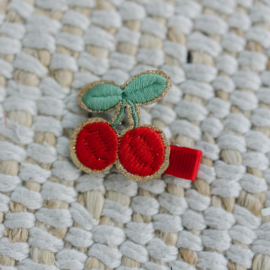 Petite Little Red Cherry Embroidered Hair Clip