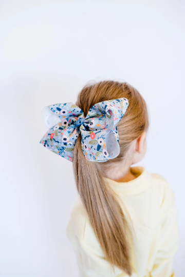 Blue Trendy Floral 7" Grosgrain Hair Bow Clip