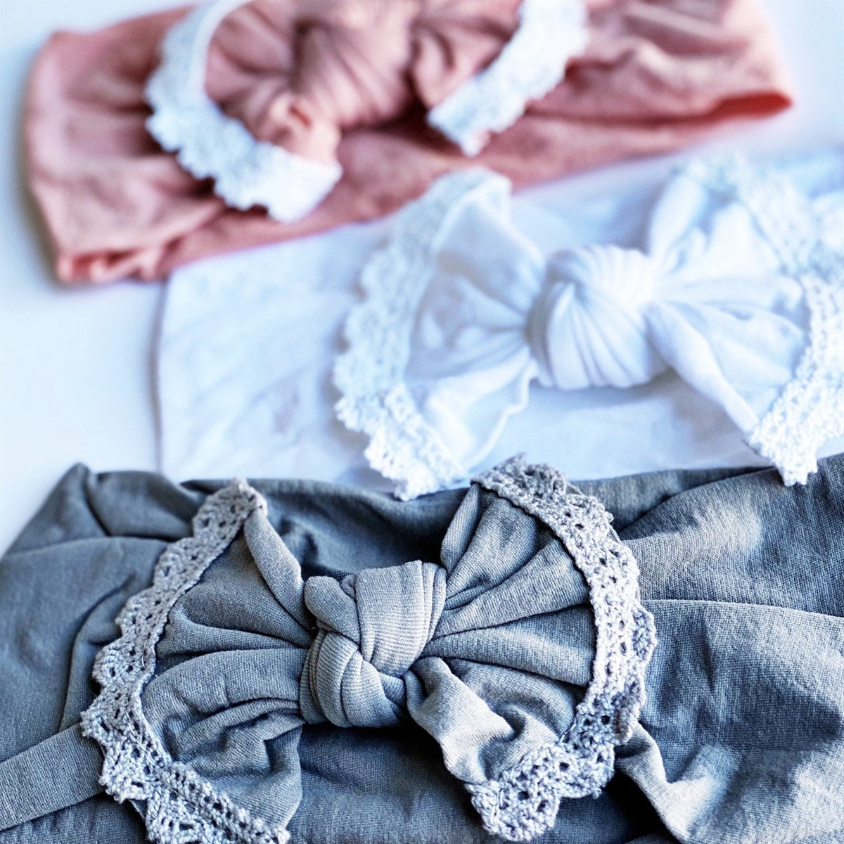 blush white gray Crochet Trim Nylon Headbands - Golden Dot Lane