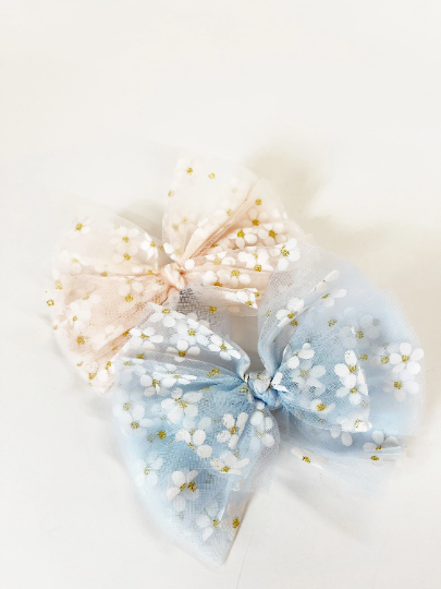 5” Flower Printed Tulle Hair Bow Clips