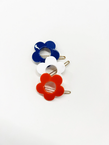 Set of 3 Red White and Blue 4th of July Retro Flower Hair Clips