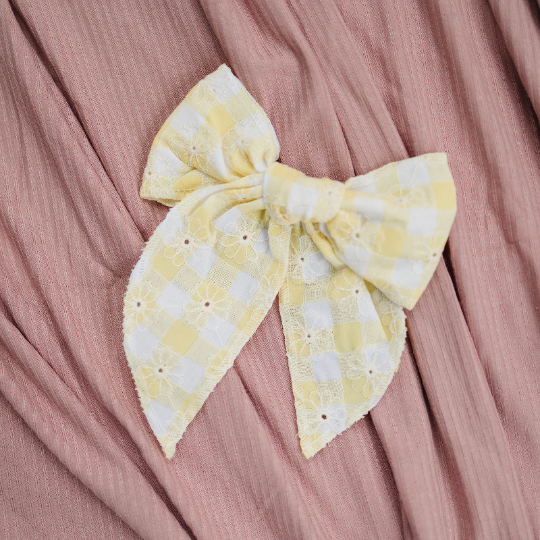 Large Gingham Embroidered Daisy Linen Hair Bow