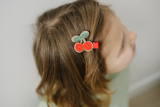 Petite Little Red Cherry Embroidered Hair Clip