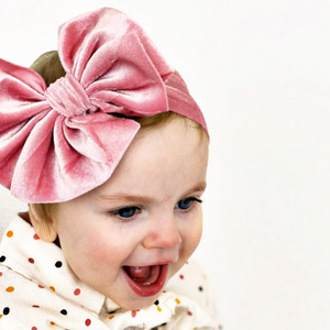Little Girl Wearing Big Velvet Loopy Headbands - Golden Dot Lane