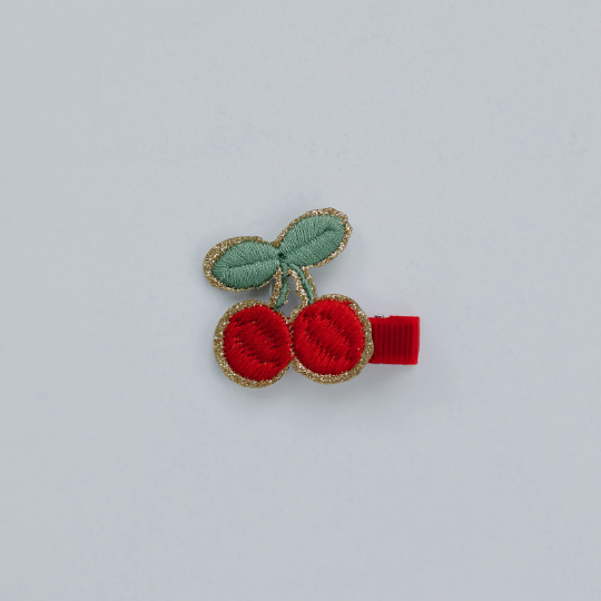 Petite Little Red Cherry Embroidered Hair Clip