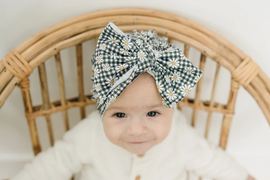 Vintage Black and White Checkered Daisy Floppy Bow Baby Turban
