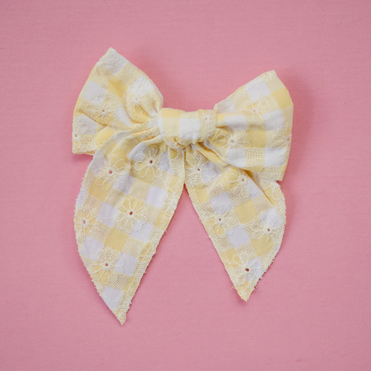 Large Gingham Embroidered Daisy Linen Hair Bow