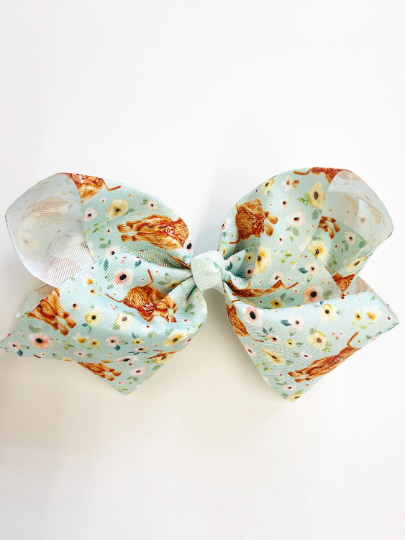Longhorn Highland Floral Cow 7" Grosgrain Hair Bow