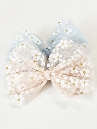 5” Flower Printed Tulle Hair Bow Clips