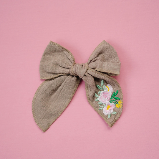 Large Bright Colorful Embroidered Linen Hair Bow