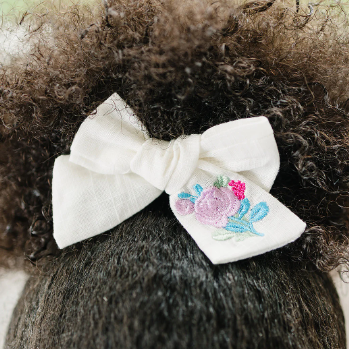 Small Bright Colorful Embroidered Linen Hair Bow