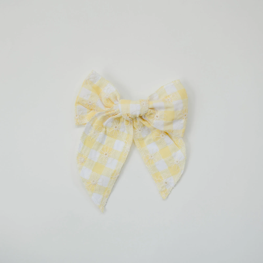 Large Gingham Embroidered Daisy Linen Hair Bow