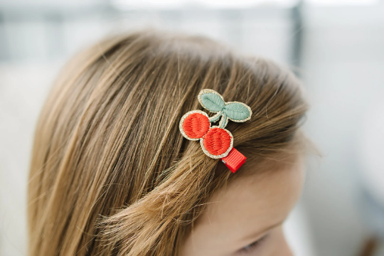 Petite Little Red Cherry Embroidered Hair Clip