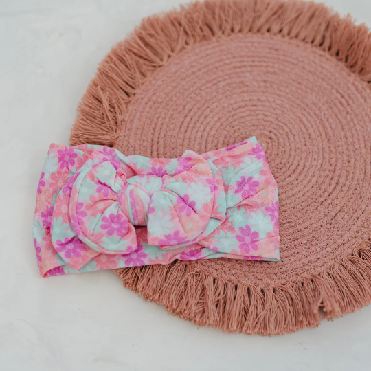Retro Bright Flowers Double Bow Nylon Baby Headband