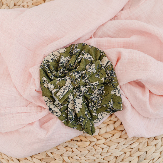 Olive Floral Triple Bow Baby Turban
