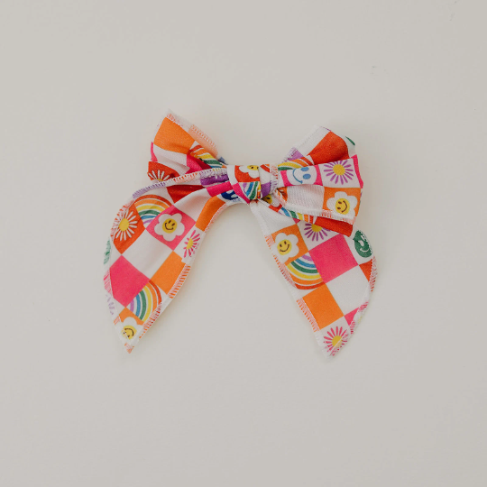 Rainbow Happy Summer Colorful Checkered Print 4" Serged Cotton Hair Bow