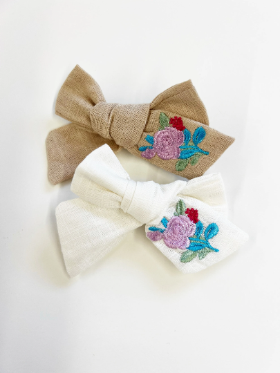 Small Bright Colorful Embroidered Linen Hair Bow
