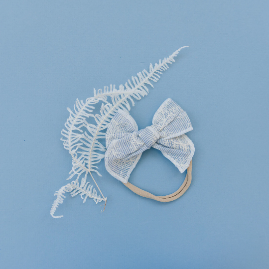 French Blue Embroidered White Floral 3" Cotton Hair Bow