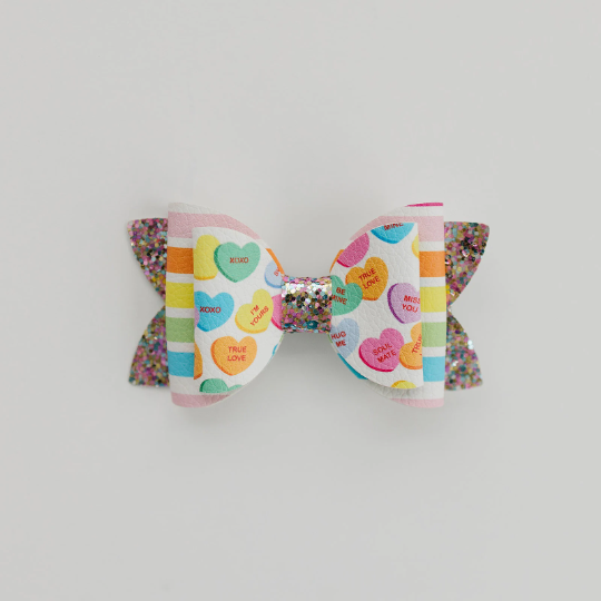 Candy Glitter Heart Valentine Faux Leather Hair Bow