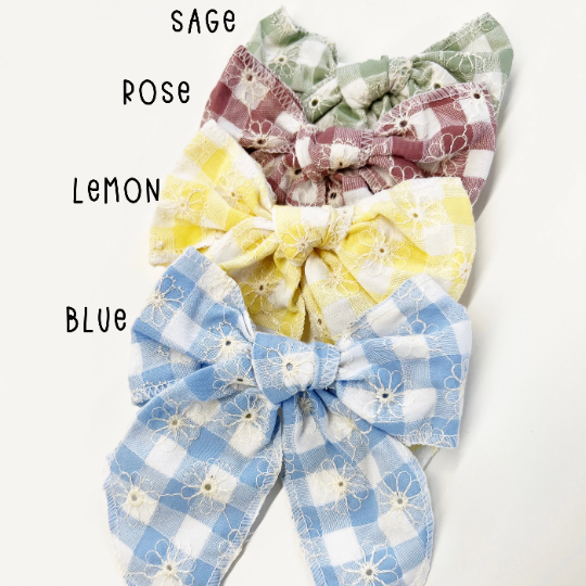 Large Gingham Embroidered Daisy Linen Hair Bow