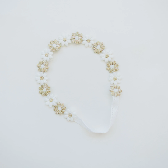White and Golden Embroidered Baby Floral Crown Headband