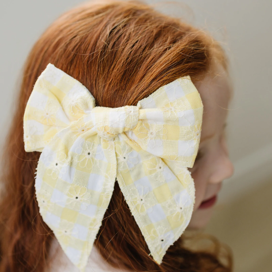 Large Gingham Embroidered Daisy Linen Hair Bow