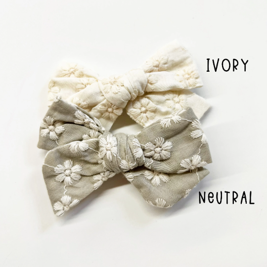 3.5" Neutral Embroidered Floral Linen Hair Bow
