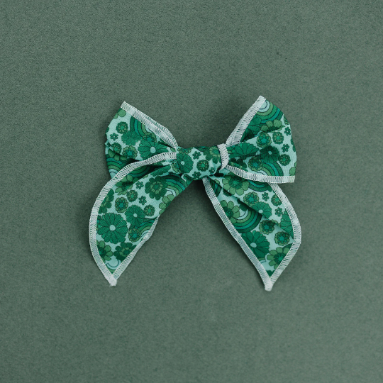 Pinch Proof Green Floral and Rainbows St Patricks Day Serged Cotton Bow