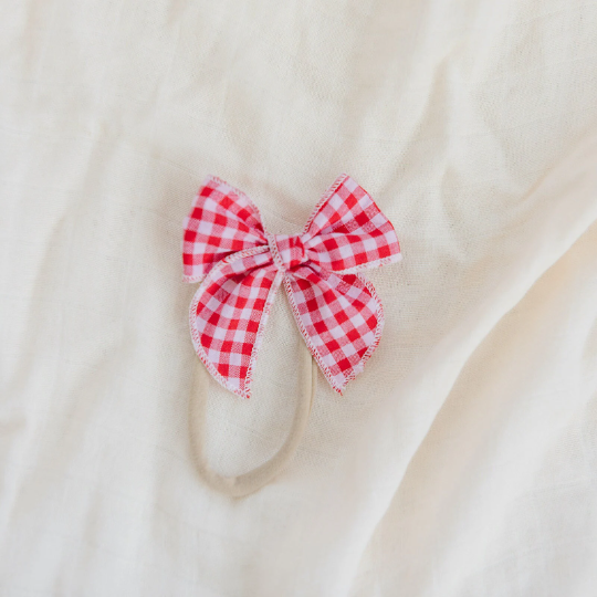 Red and White Gingham 4th Of July Linen Hair Bow