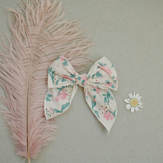 Stitched Embroidered Blush Floral Linen 5" Hair Bow