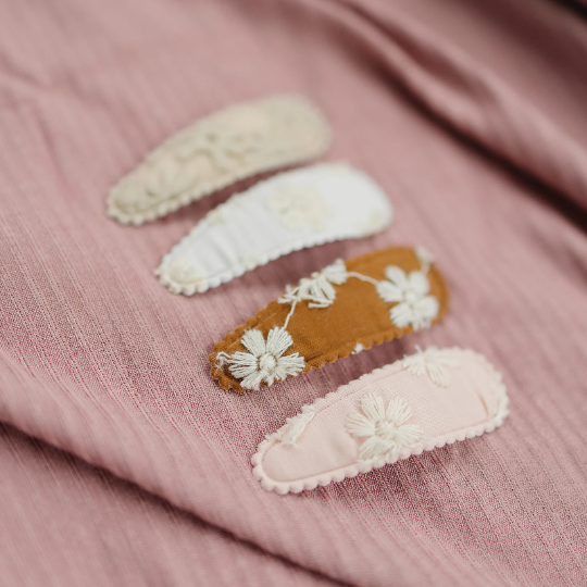 Set of 4 Floral Embroidered Stitched Snap Hair Clips