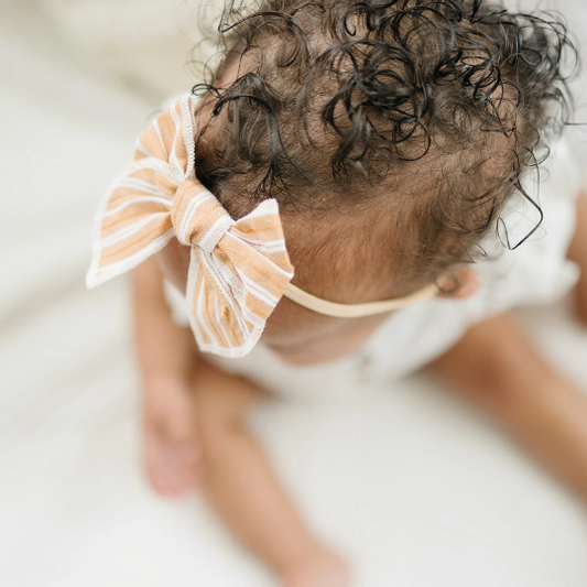 Mustard Striped Stitched Linen 3" Hair Bow