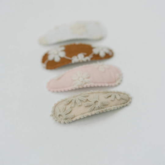 Set of 4 Floral Embroidered Stitched Snap Hair Clips
