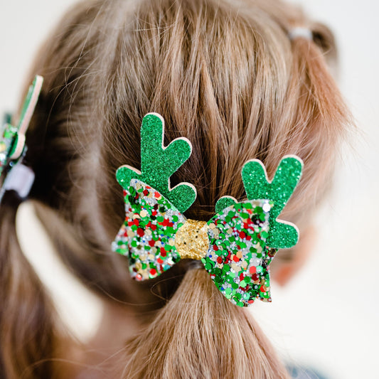 Green Glitter Reindeer Antler Bow